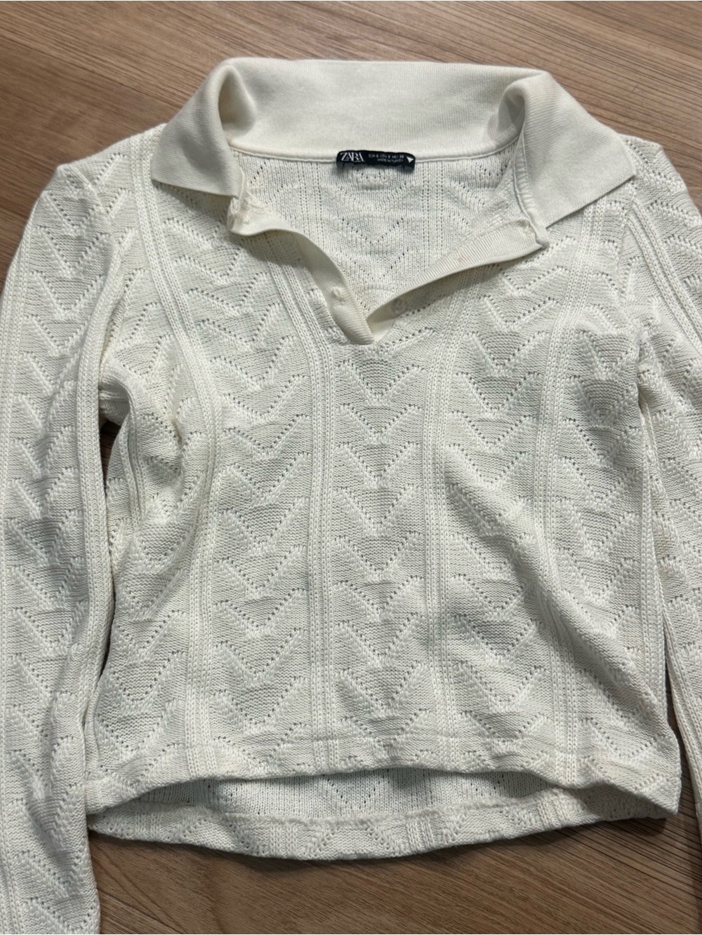 Zara Cream Pointelle Polo Knit Sweater
